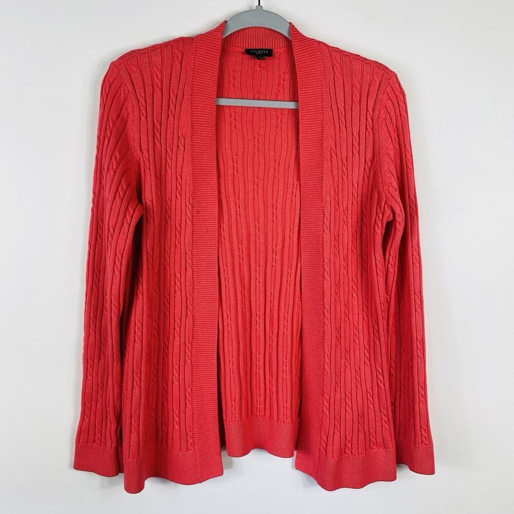 Talbots Cardigan Sweater Medium Petite Pink Cable Knit Open Cotton Blend